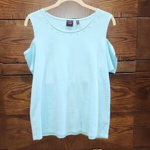 Rafaella Light Turquoise Cold Shoulder Top